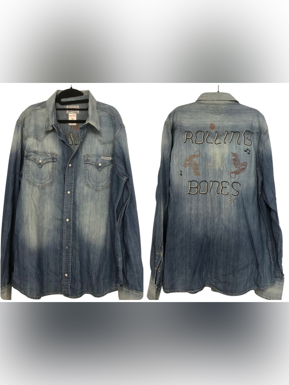 True Religion Rolling Bones Denim Pearl Snap Shirt